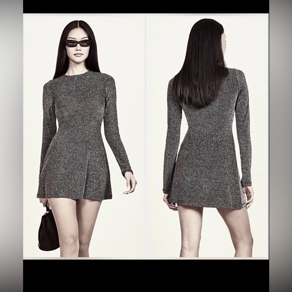 Reformation Riley Metallic Silver Mini Dress Fitted Long Sleeves Size M